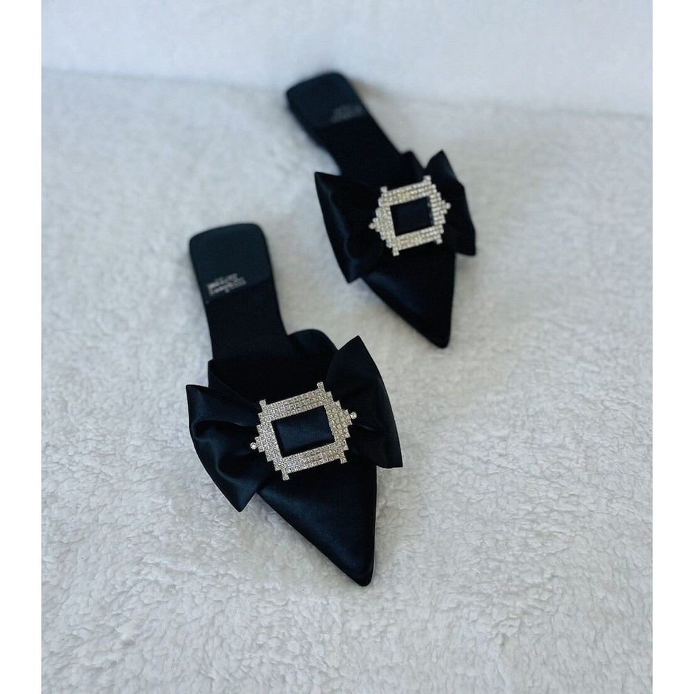 Jeffrey Campbell Black Satin Loafers with Crystal Bow